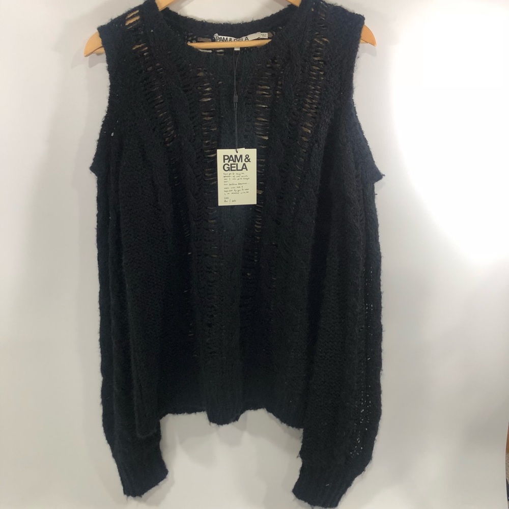 Pam & Gela Black Cold Shoulder Cable Sweater NWT